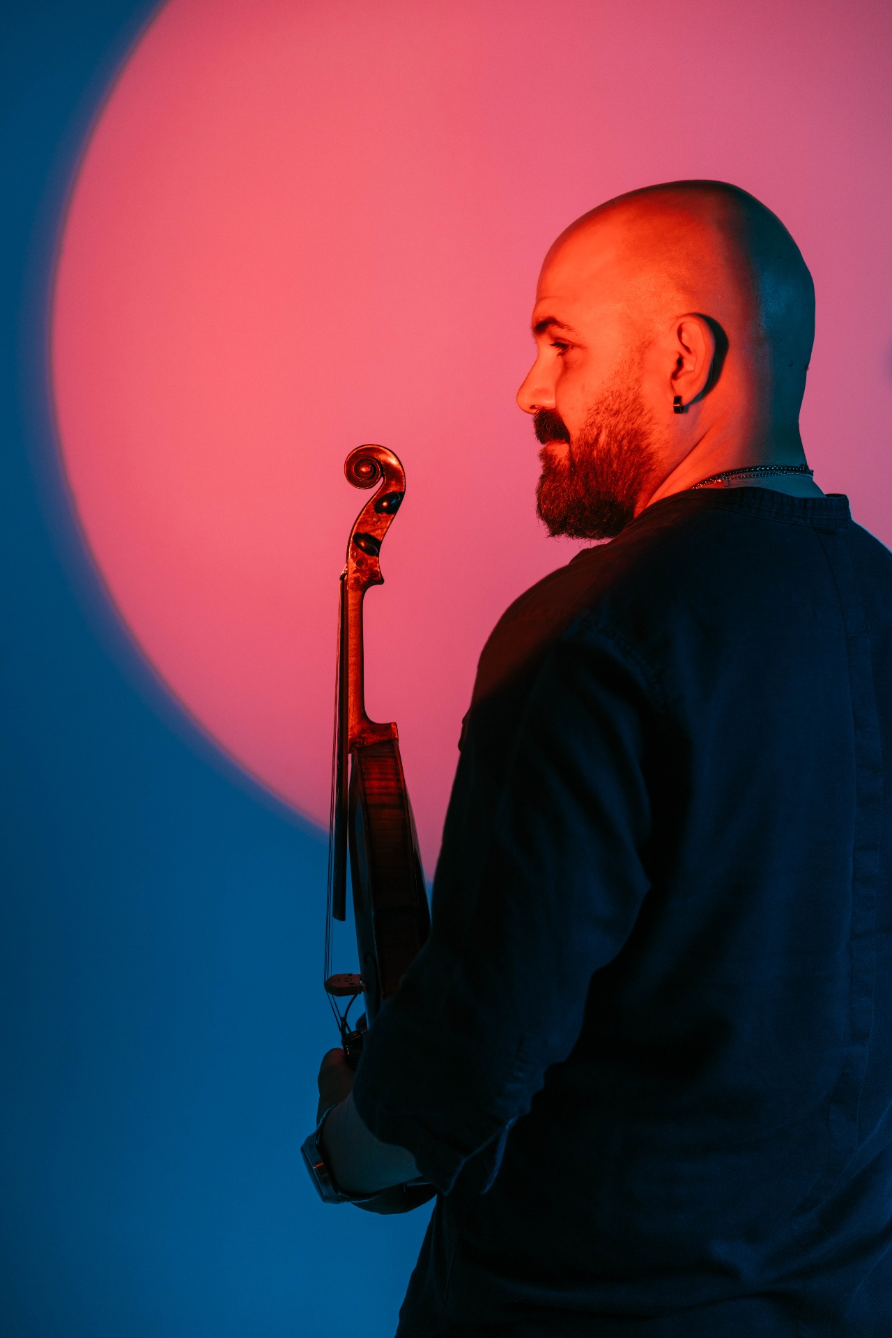 Portrait with violin in blue and pink light